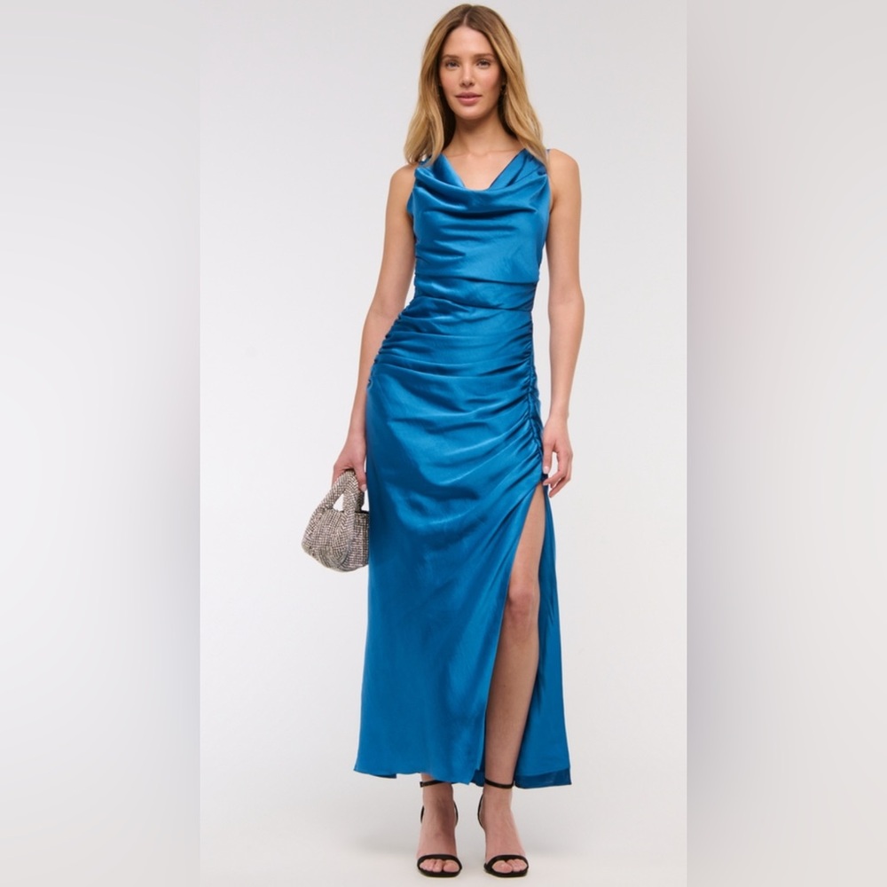 Abercrombie & Fitch Teal Satin Cowl Neck Maxi Dress